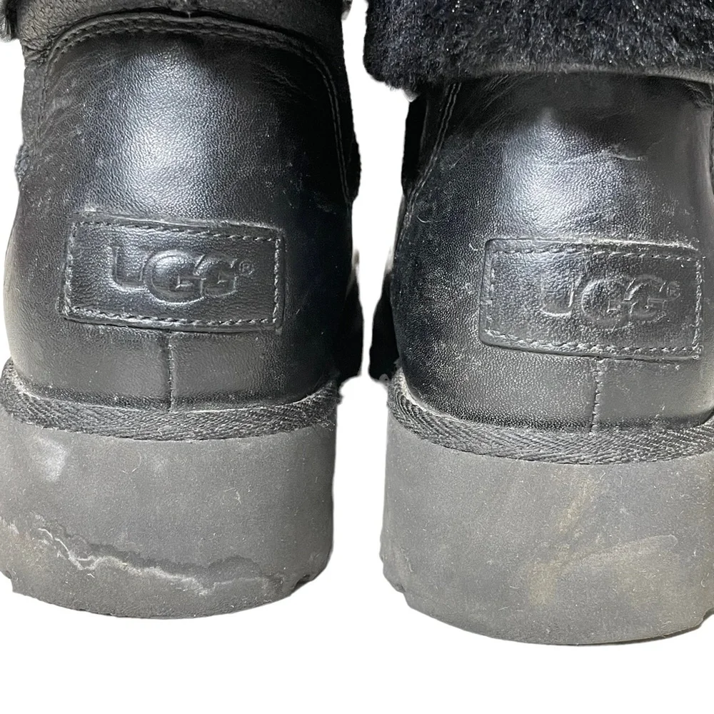 UGG Leather Shearling Boots 4 Foldover F20016E Black 10124 Winter Ankle Bootie